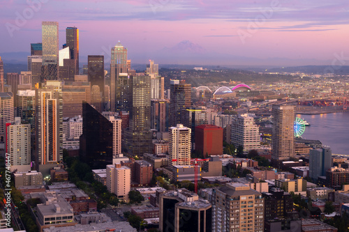 Seattle, WA - USA - Sept. 23, 2021: Horizontal view of Seattle, Washington's downtown skyline during sunset.