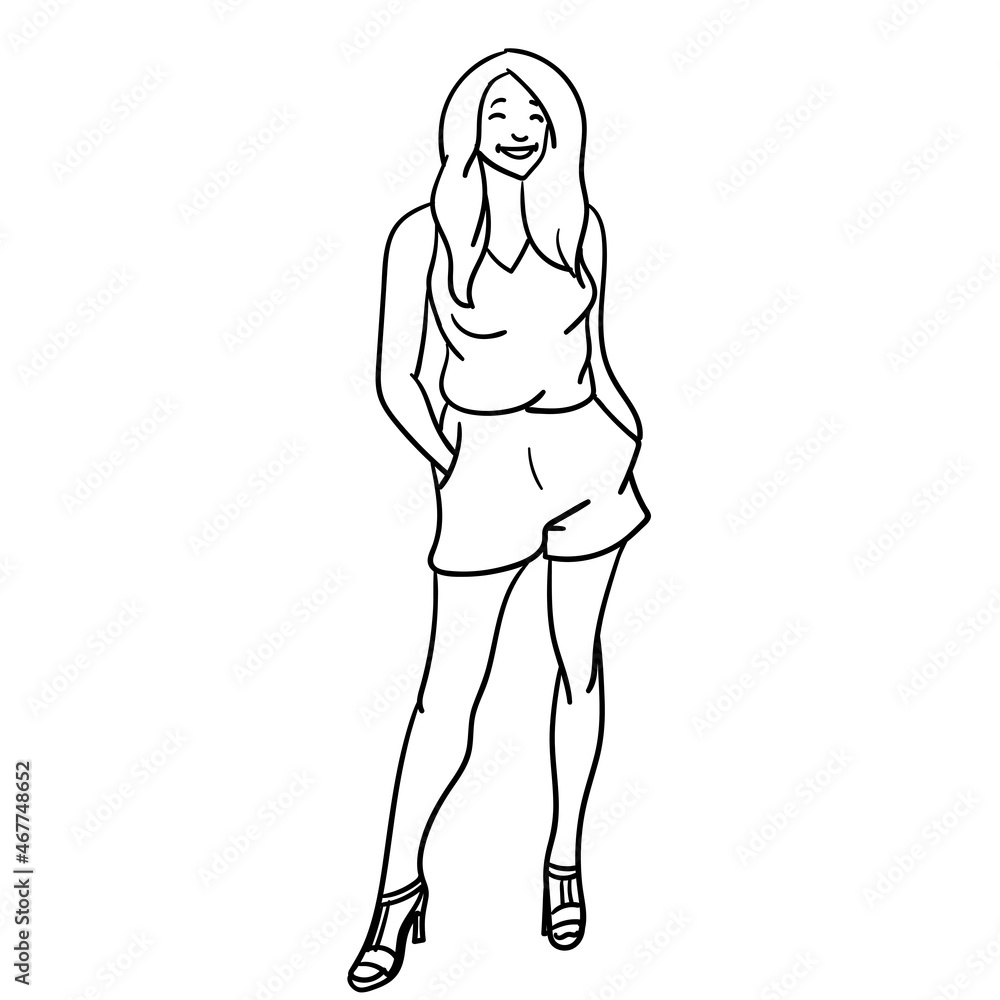 woman with shorts and high shoes. comic, outline, monochrome.