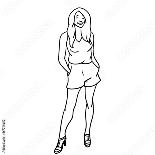 woman with shorts and high shoes. comic  outline  monochrome.