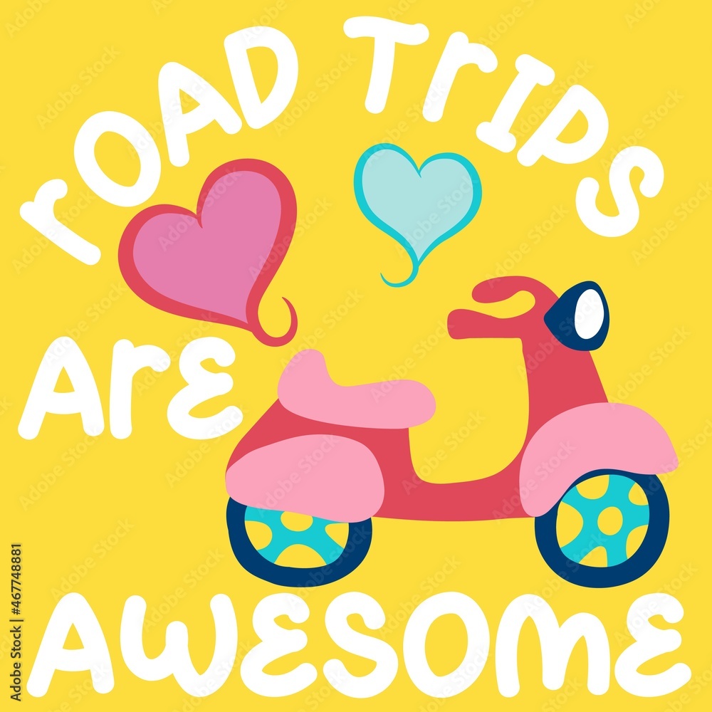 Fototapeta premium cute pink motorcycle with hearts and text on yellow background