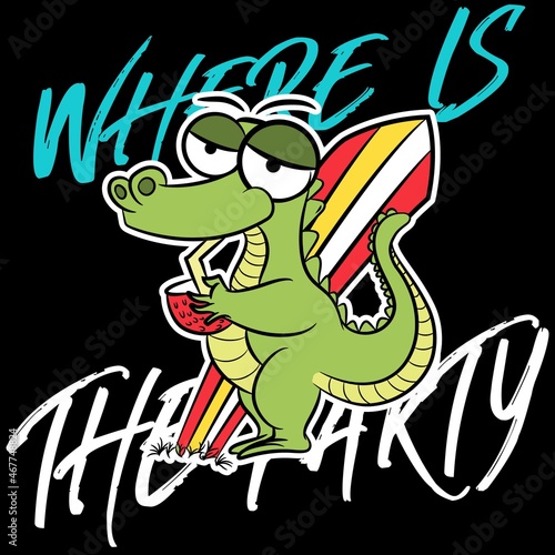cartoon crocodile with surfboard,text and black background