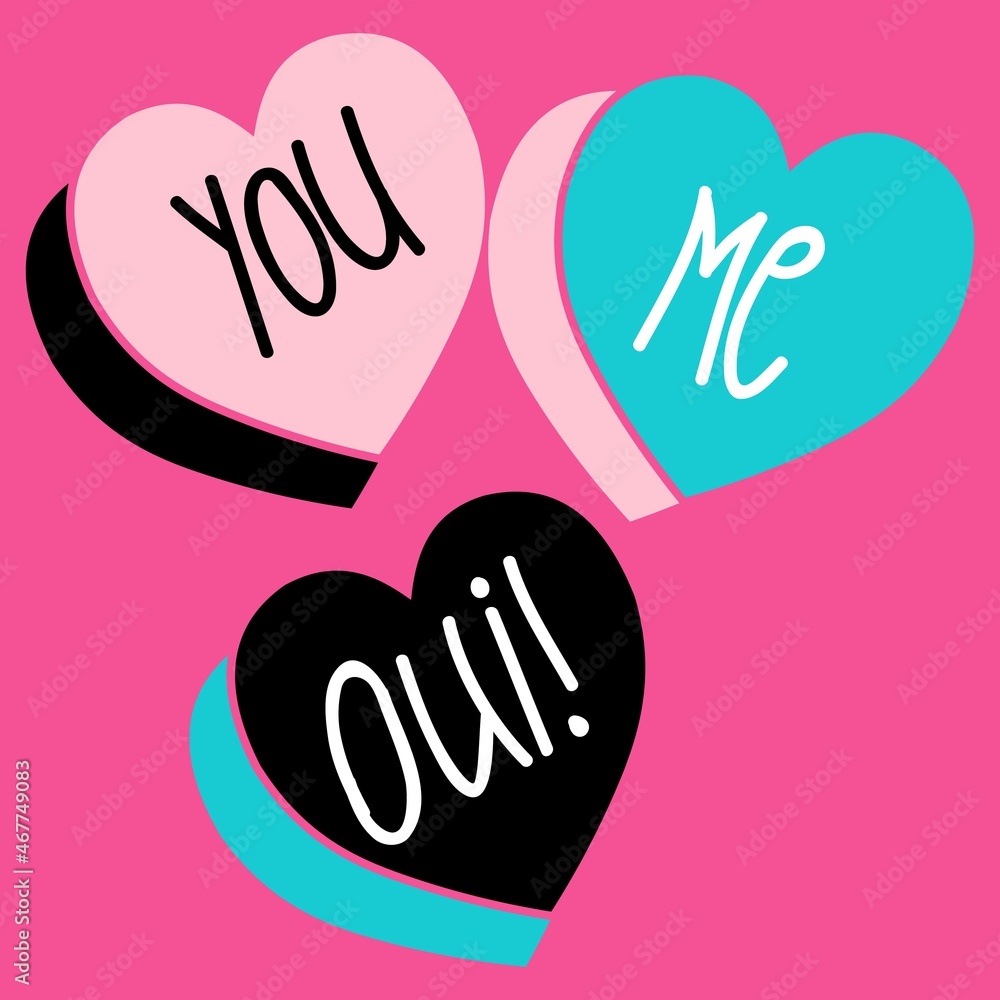 Illustration colorful hearts and text on them, pink background Illustration colorful hearts and text on them, pink background