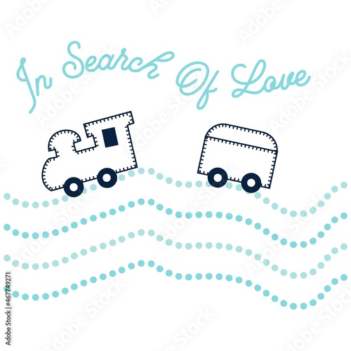 Cute locomotive design, text, on white background.