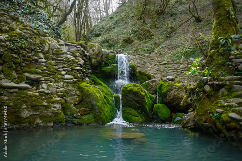 A picturesque waterfall in the jungle of the Krasnodar Territory