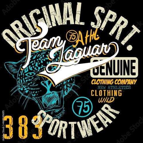biker style print, blue panther and text on black background