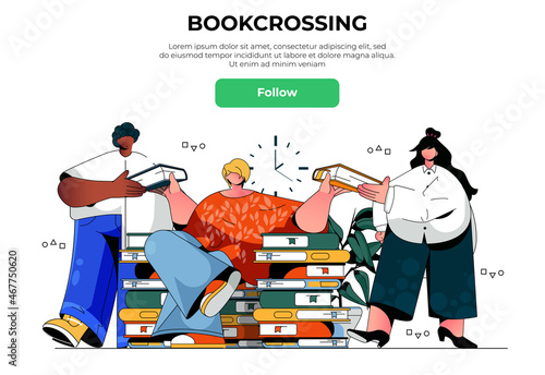 Bookcrossing web banner concept. Men and woman reading, sharing and exchanging paper books, literature readers and library landing page template. Vector illustration with people scene in flat design