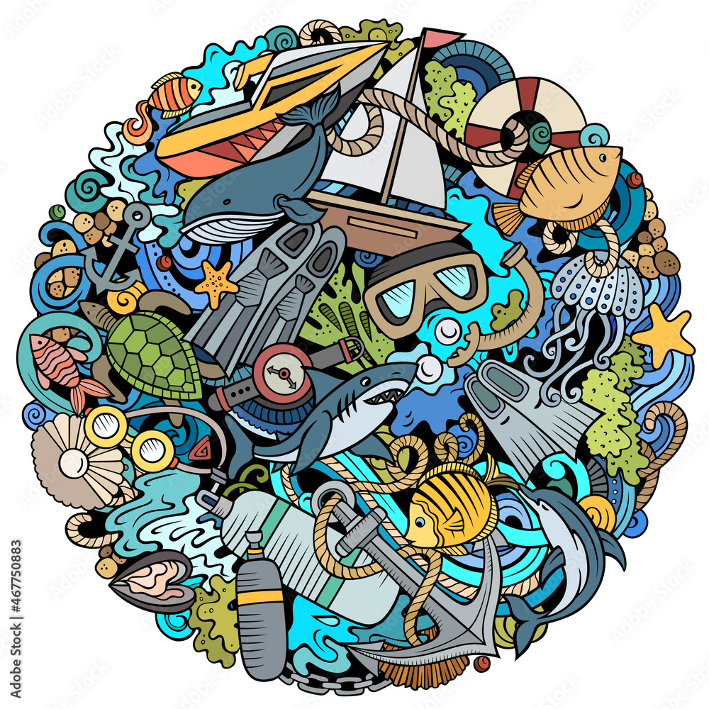 Fototapeta premium Diving cartoon vector doodles illustration. Water sports poster design.