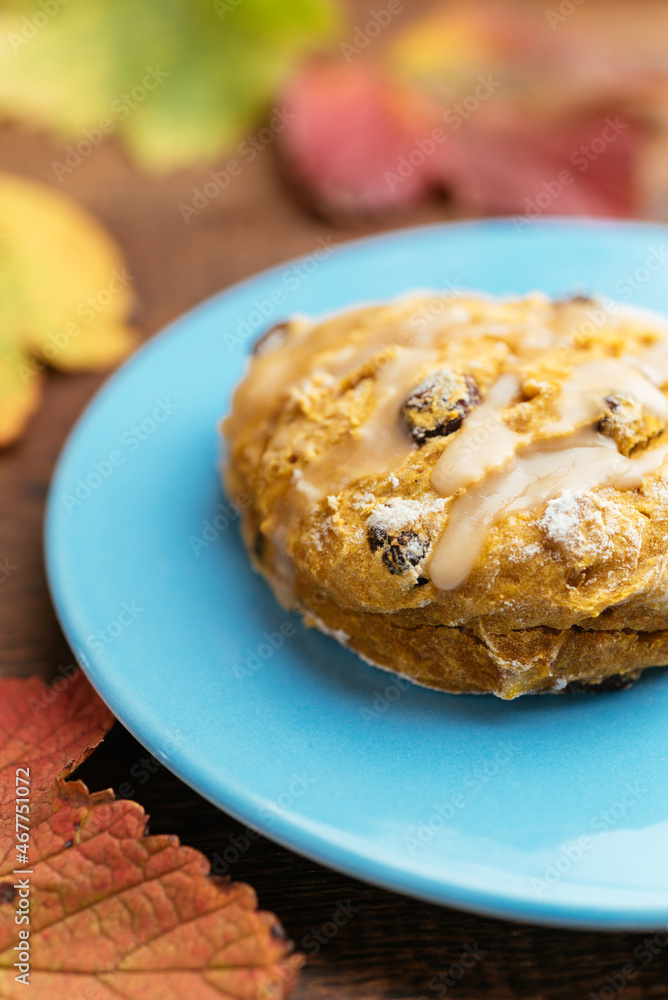Vegan Pumpkin Scones with Walnuts, Raisins and Maple Glaze Vegan Pumpkin Scones with Walnuts, Raisins and Maple Glaze