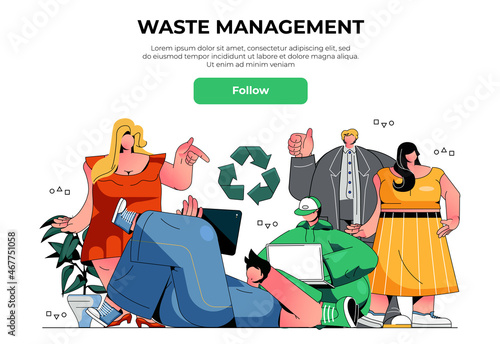 Waste management web banner concept. Men and women volunteers take care of ecology, eco social project, trash recycling, landing page template. Vector illustration with people scene in flat design