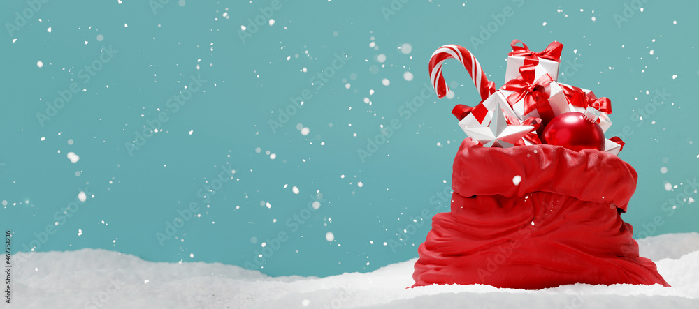 Santa bag on snow floor with decorations, gift boxes, metallic star, candy and ball on blue background. 3d rendering  - obrazy, fototapety, plakaty 