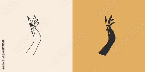Hand drawn vector abstract stock flat graphic illustration with minimal logo element collection set,occult mystery witch hands touch line drawing and silhouette,magic art in simple style for branding.