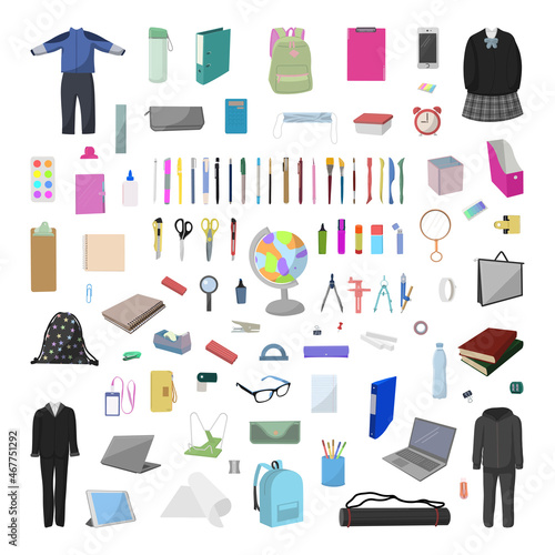 Vector collection of detailed realistic school supplies. Stationery and clothing.