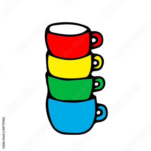 Colored hand drawing outline vector illustration of a stack of cups for hot tea or coffee isolated on a white background