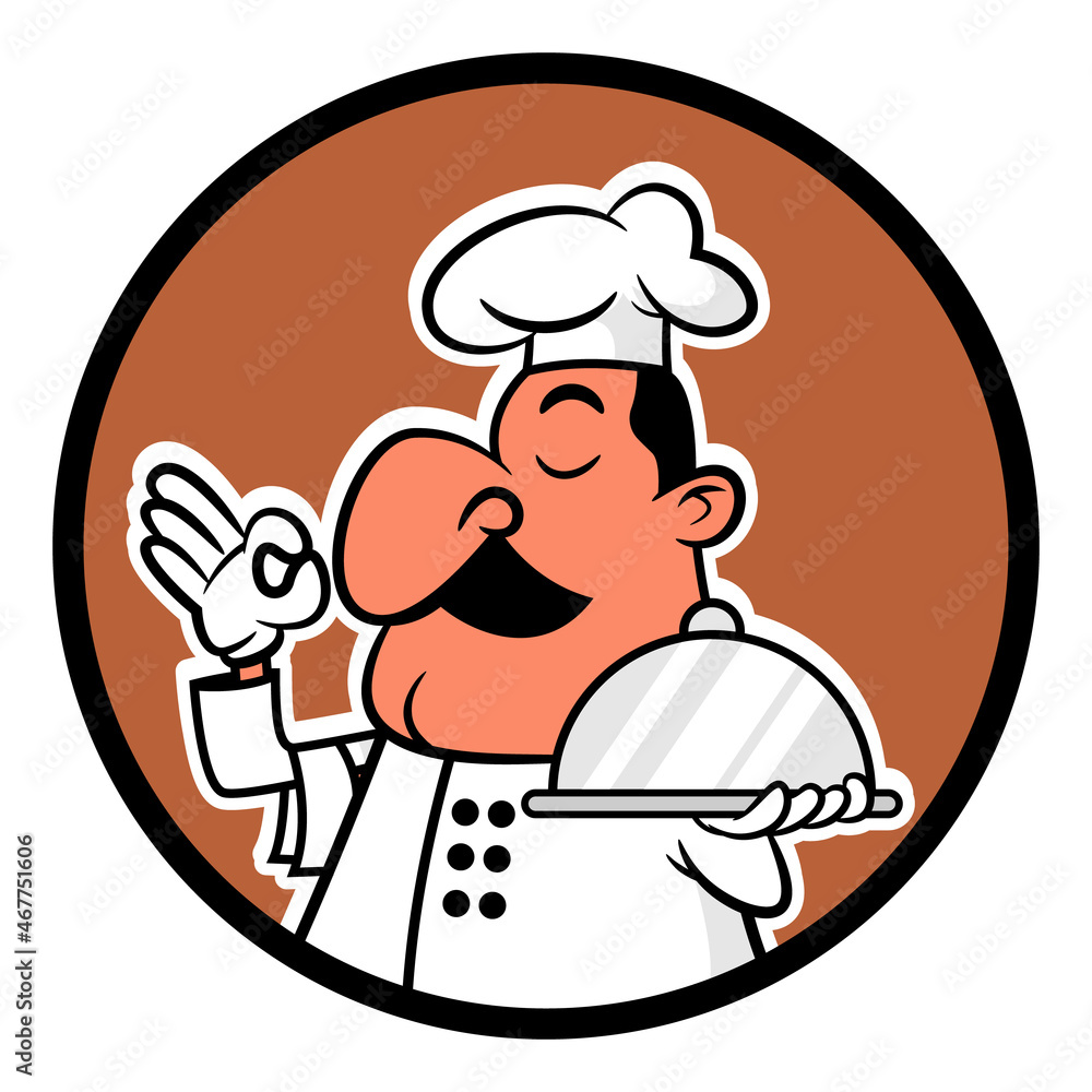 Cartoon illustration of A Big Fat Man with mustache, wearing chef hat and uniform, carrying a cloche with Cartoon illustration of A Big Fat Man with mustache, wearing chef hat and uniform, carrying a cloche with