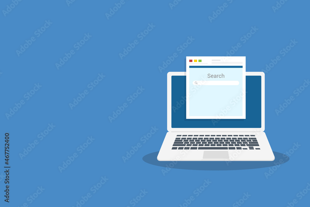 Laptop computer, browser window and ranking sites in search results of web search engine. Search engine. Vector illustration Laptop computer, browser window and ranking sites in search results of web search engine. Search engine. Vector illustration