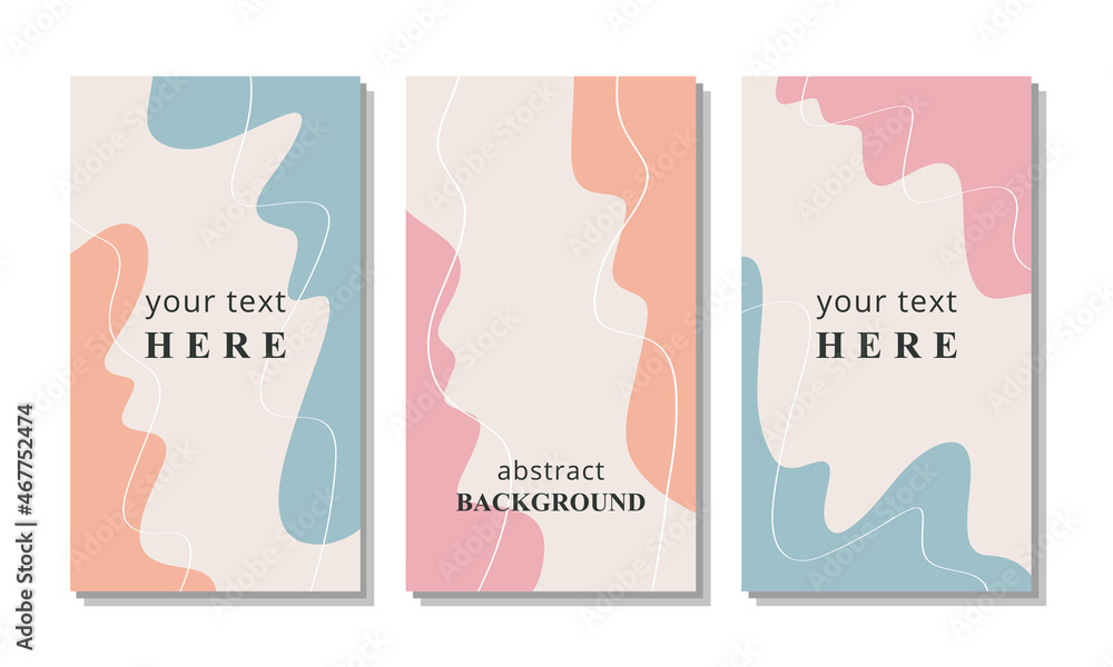 Vector set of three abstract backgrounds. Flat style. Every element is isolated. Ready template for blogging, social media, story. Design to flyer, brochure, poster, banner, invitation, business card. Vector set of three abstract backgrounds. Flat style. Every element is isolated. Ready template for blogging, social media, story. Design to flyer, brochure, poster, banner, invitation, business card.