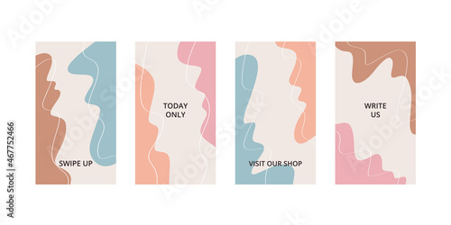 Vector set of four abstract backgrounds. Modern trendy illustration. Flat style. Every doodle object is isolated. Ready pattern for social media, stories to smartphone. Design of business, marketing.