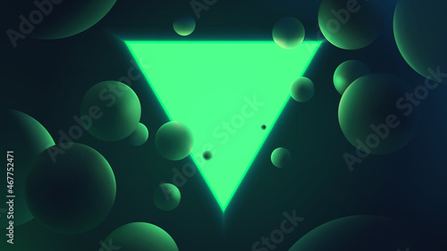 Abstract vector illustration with glowing green triangle on dark background, neon lighting with reflex on spheres, futuristic gradient poster with geometric shapes