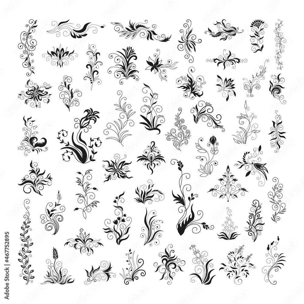 Naklejka premium Stylish black floral ornaments for creating tattoos, prints, cards, stickers.