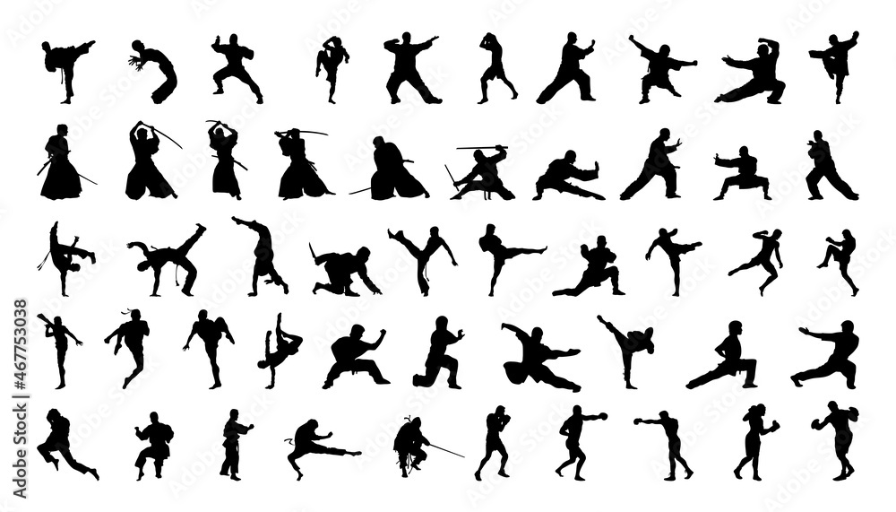 Collection of silhouettes of martial arts. Black vector icons of people engaged in martial arts. - obrazy, fototapety, plakaty 
