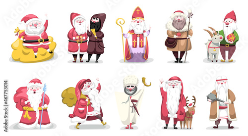 Santa Clauses from different countries. Fabulous illustrations for Christmas and New Year in a modern style.