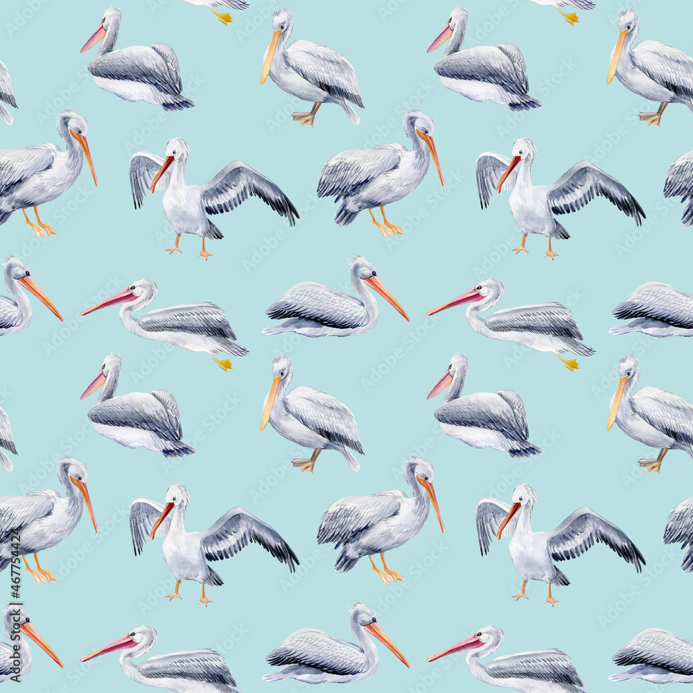 Obraz premium Seamless pattern with pelicans on a blue background, watercolor illustrations, paper design, birds.