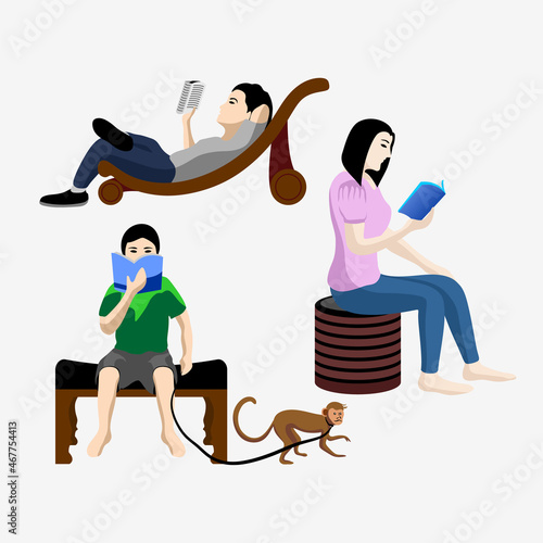 collection of people or students reading a book or studying. A collection of book lovers, readers, fans of modern literature in a sitting position. Flat cartoon vector illustration reading a book
