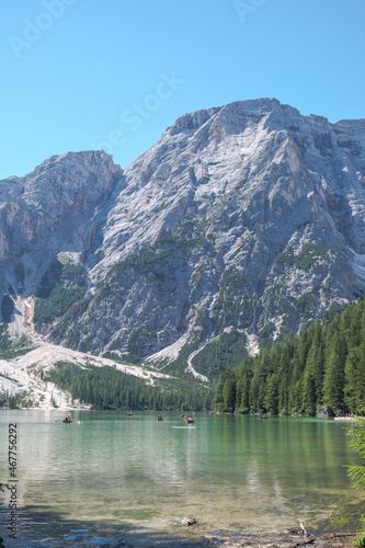 Fototapeta Naklejka Na Ścianę i Meble -  Lake Braies (also known as Pragser Wildsee or Lago di Braies) in Dolomites Mountains, Sudtirol, Italy. Romantic place with typical wooden boats on the alpine lake. Hiking travel and adventure.