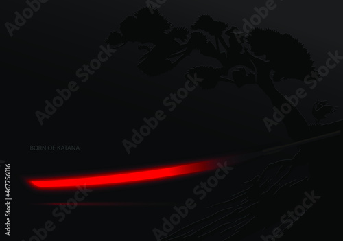 Born of katana illustration. Red hod blade in the dark. Japan culture visual template.