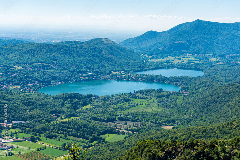 Avigliana Lakes as seen from the Sacra di San Michele (Saint Michael's Abbey). Province of Turin, Piedmont, Italy.