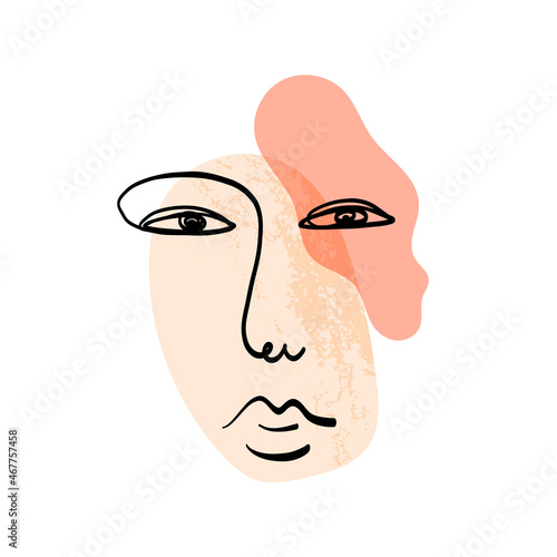 Tender contemporary abstract portrait, line art woman's face and textured shapes. Poster, banner in boho palette.