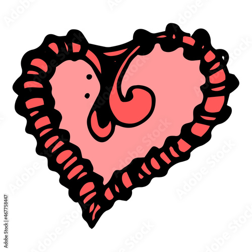 a red heart with a pattern of stripes. hand-drawn in the doodle style, pink and red heart with a pattern of curved lines along the edge, black contours on a white background for the design of invitati