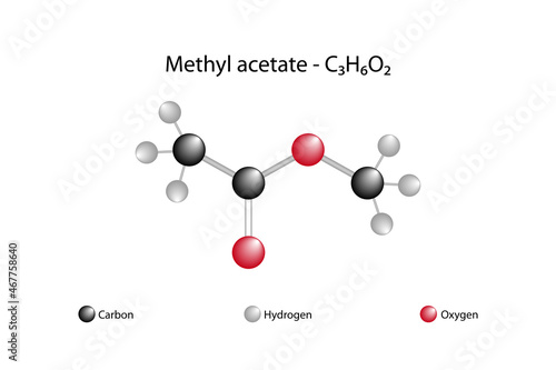 Molecular formula of methyl acetate. Methyl acetate is a carboxylated ester. It is a flammable liquid, characteristically reminiscent of the pleasant smell of some glues and nail polish removers. photo