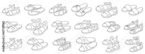 Fashion sandal vector illustration set on white background . Summer shoe of sandal outline vector set icon. Isolated outline icon summer footwear.