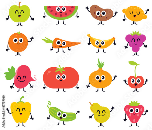 Set of cartoon vegetables and fruits. Funny colorful characters. Vector illustration. Flat style. Isolated on white background. Set