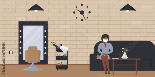 Interior of beauty salon in loft style with customer afro woman waiting on sofa.Cozy barber shop with brick wall, mirrors, hair dryers, hair straighteners.Workplace of hairdresser. Vector illustration