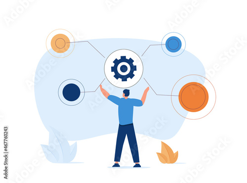 Man pushing gearwheel button and looking at dropdown menu. Concept of range of options, choosing different features.