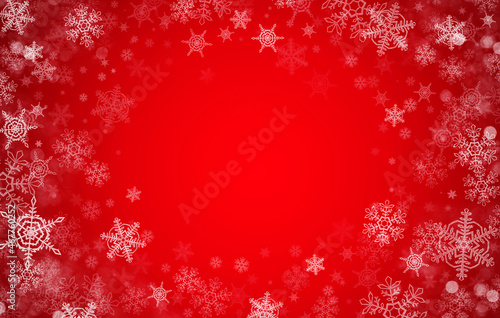 Red background with openwork snowflakes for winter cards. Christmas background made of snowflakes, white on red with copy space.