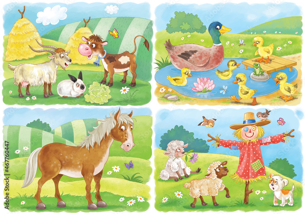 At the farm. Set of cute farm animals. Coloring book. Coloring page. Illustration for children. Cute and funny cartoon characters At the farm. Set of cute farm animals. Coloring book. Coloring page. Illustration for children. Cute and funny cartoon characters