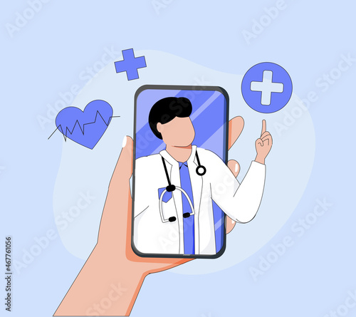 Smartphone screen with male therapist on chat in messenger and an online consultation. Vector doodle illustration.