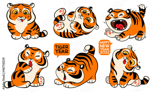 Funny little tiger cubs. Symbol of the Chinese New Year. Colorful cartoon characters. Funny vector illustration. Isolated on white background. Set