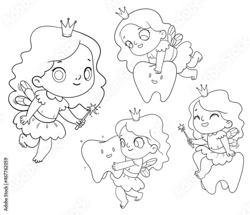 Tooth Fairy. Cartoon characters. Funny vector illustration. Isolated on white background. Coloring book. Set