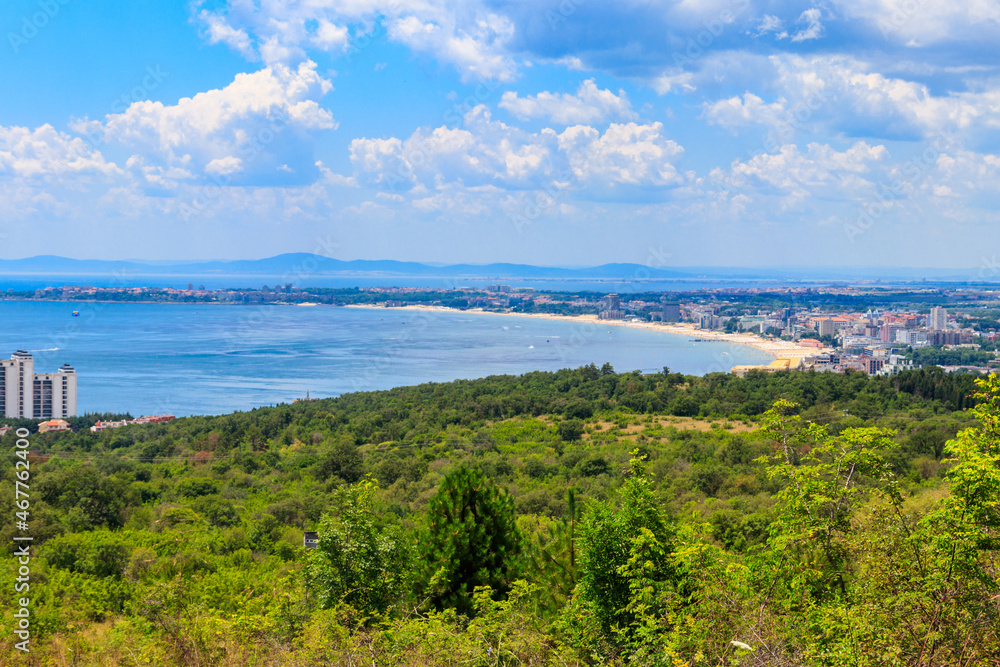 Aerial view of bay of sea resorts Sveti Vlas, Sunny Beach and Nessebar on the Black Sea coast in Bulgaria