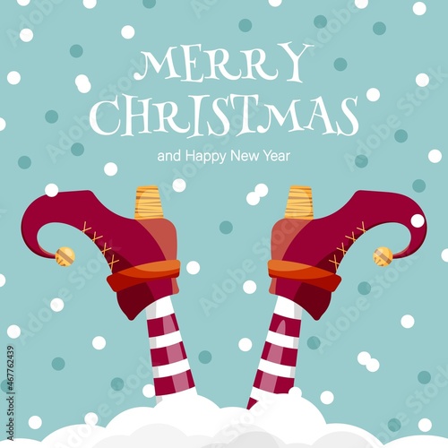 Vector creative merry christmas greeting card with cartoon elf's legs, elf shoes on falling snow in sky. Vector merry christmas background	