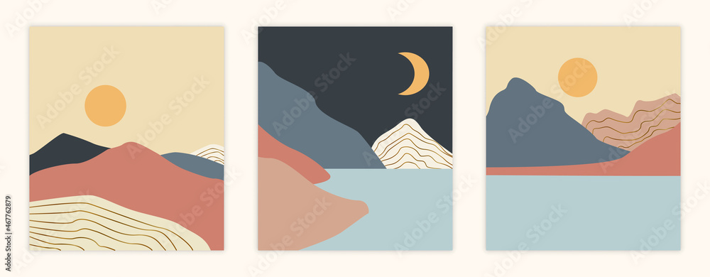 Set of landscape. Collection of minimalistic abstract images. Paintings, decoration. Graphic elements for websites. Mountain, sunset. Cartoon flat vector illustrations isolated on white background
