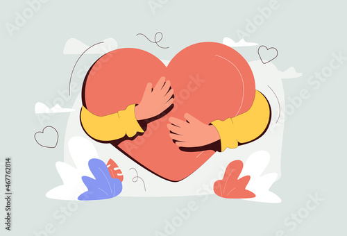 Self love with heart hug as mental healthcare and esteem tiny person concept. Holding yourself and be proud about body. photo