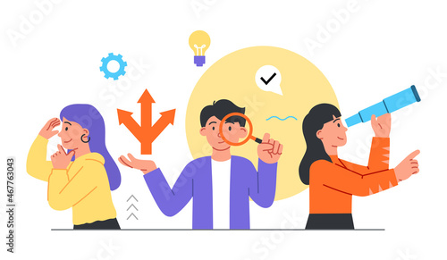 Concept of searching. Analyst team looking for best development paths. Group of people looks through magnifying devices. Metaphor of research, human searching. Cartoon flat vector illustration