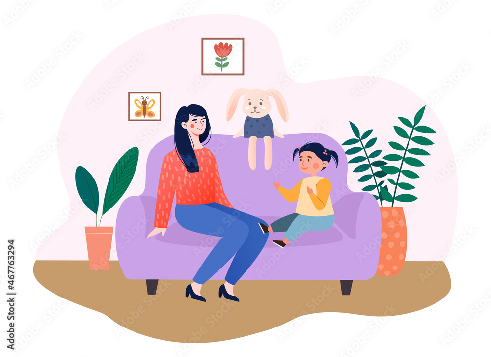 Mom talks to daughter. Parent communicates with child, quality education. Woman listens to girl. Happy family, socializing, mother, dialogue. Love and care, support. Cartoon flat vector illustration