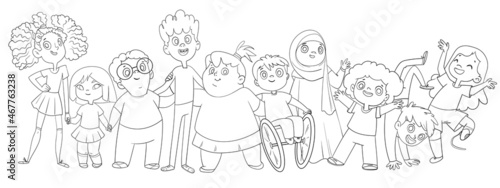 Concept diversity and inclusion. Group of multi ethnic friends and multi racial kids. Panoramic banner. Cartoon characters. Funny vector illustration. Isolated on white background. Coloring book