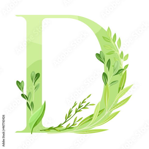 Alphabet Letter D Decorated with Green Foliage and Leaf Vector Illustration